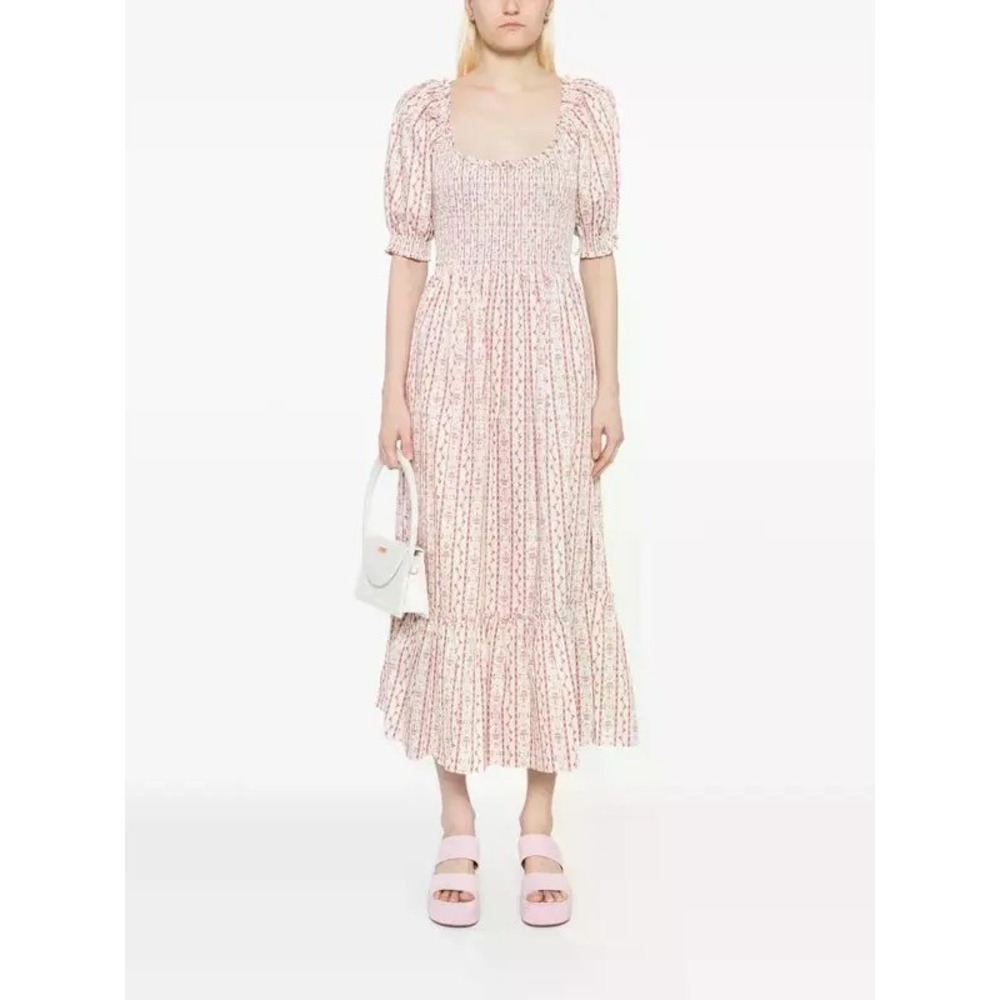 Hill House White Red Floral Stripe Cottagecore Madeline Nap Midi Dress Size‎ M